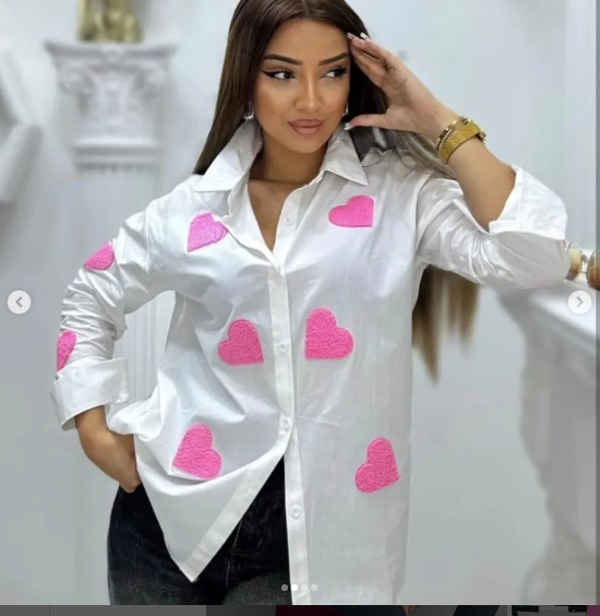 Women's Button Down Collared  Long Sleeve Shirts With 3D Heart Design